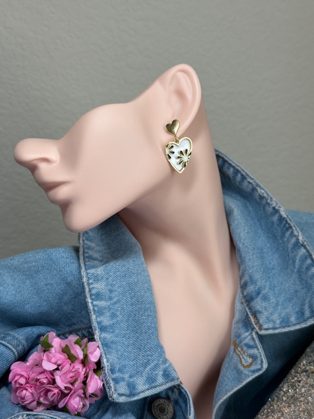 Gold and White Heart Drop Earrings - Floral Enamel Accent
